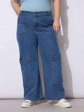Blue Wash Side Pockets Straight Cargo Jeans-SASSAFRAS Curve