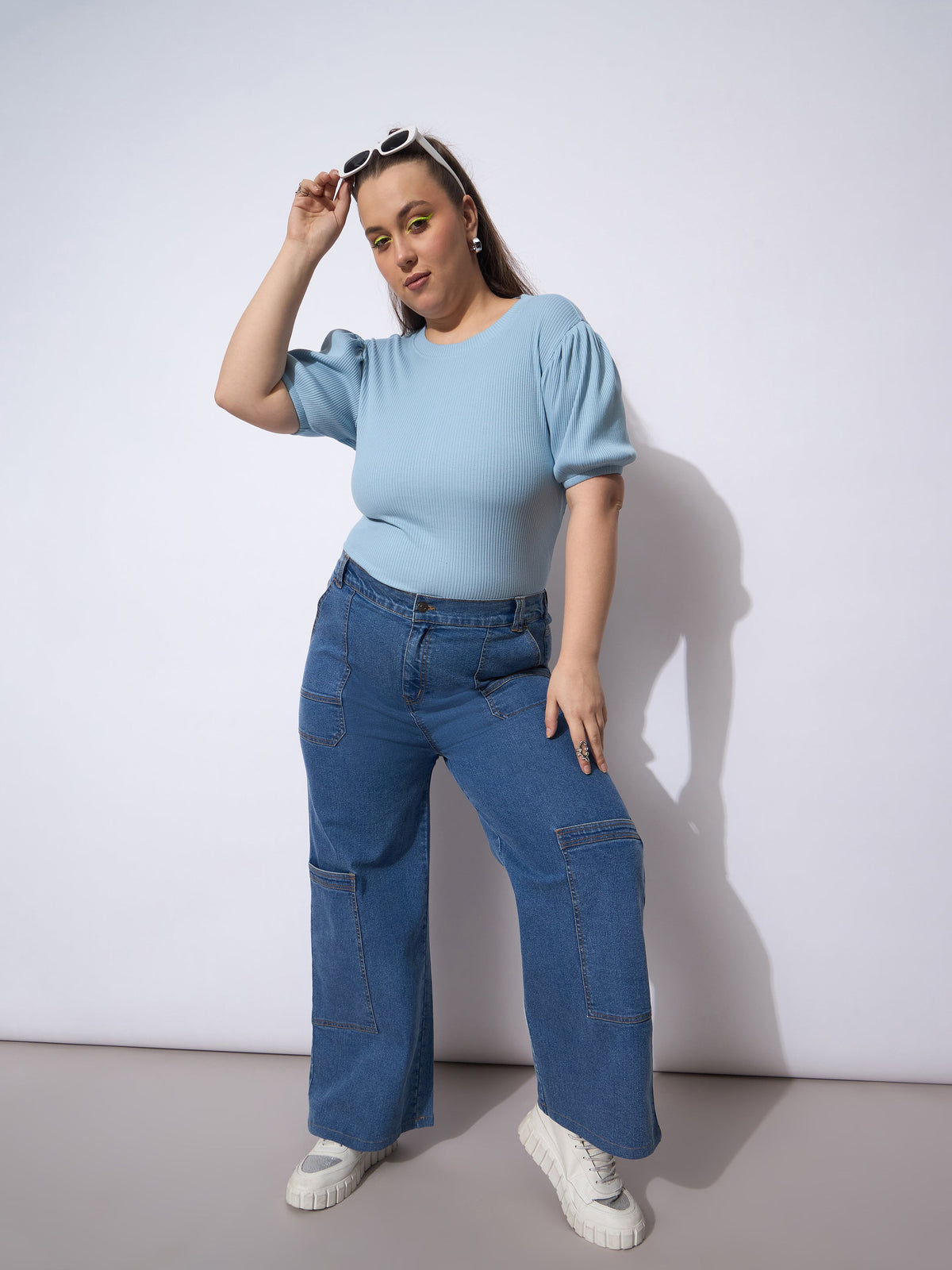 Blue Wash Side Pockets Straight Cargo Jeans-SASSAFRAS Curve