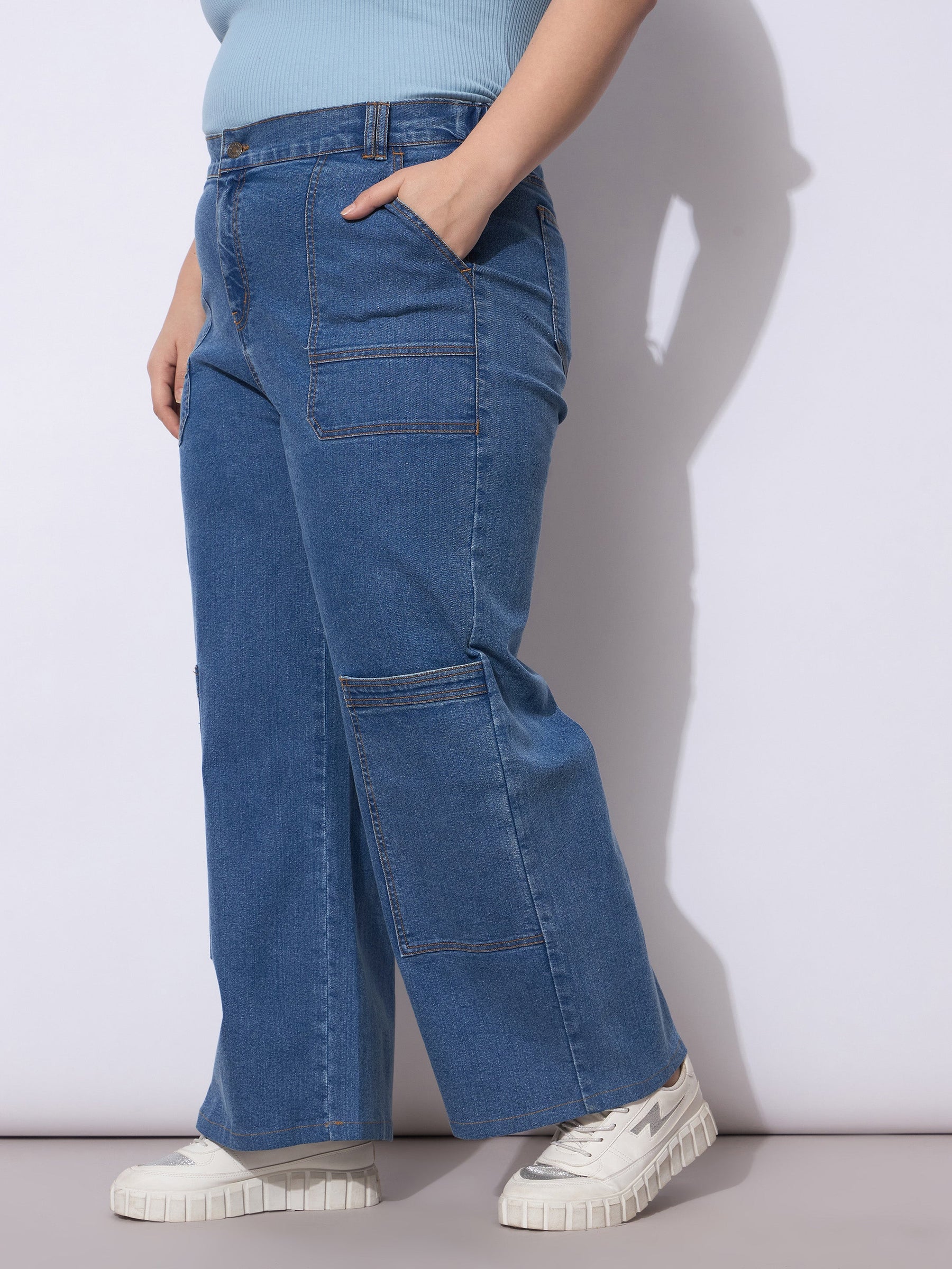 Blue Wash Side Pockets Straight Cargo Jeans-SASSAFRAS Curve