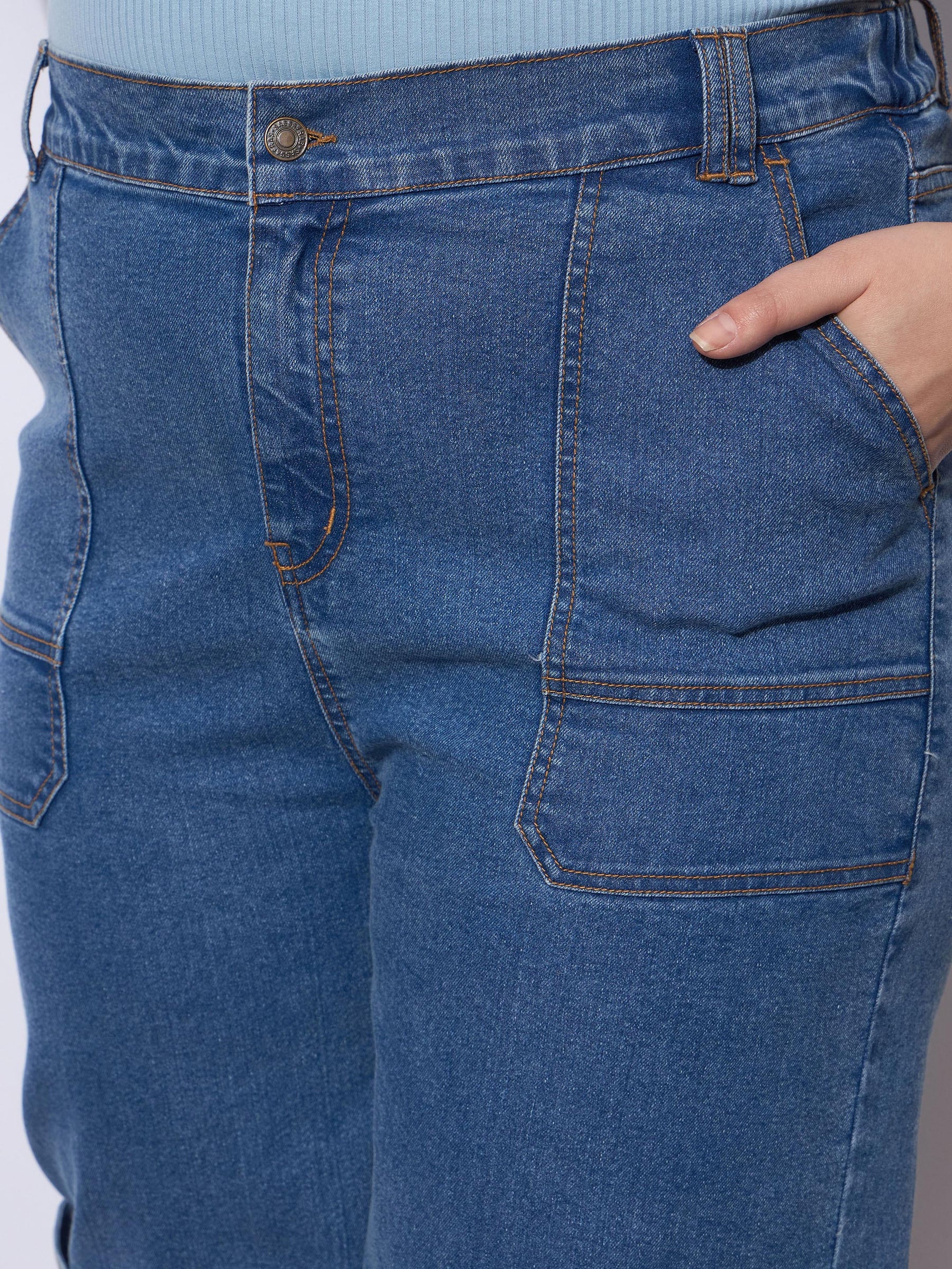 Blue Wash Side Pockets Straight Cargo Jeans-SASSAFRAS Curve