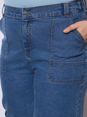 Blue Wash Side Pockets Straight Cargo Jeans-SASSAFRAS Curve