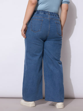 Blue Wash Side Pockets Straight Cargo Jeans-SASSAFRAS Curve