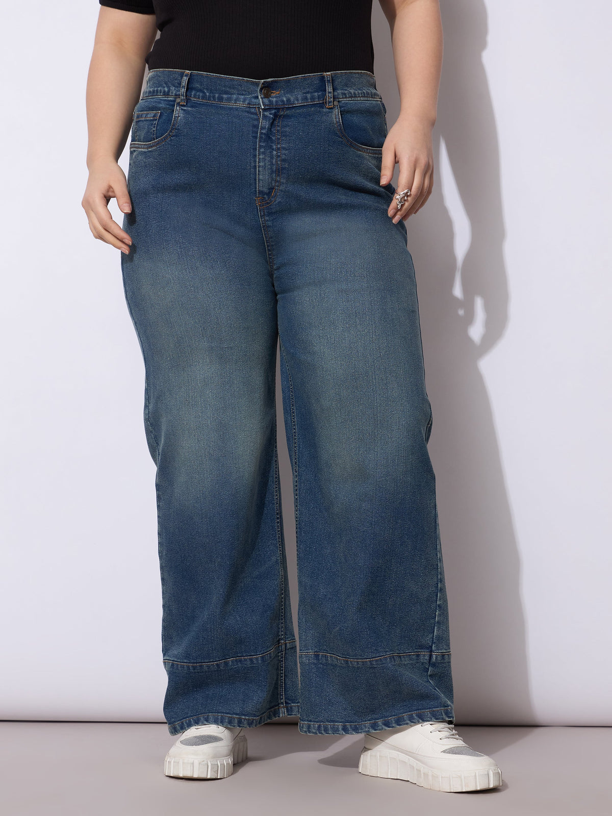 Navy Wash Hem Seam Straight Fit Jeans-SASSAFRAS Curve