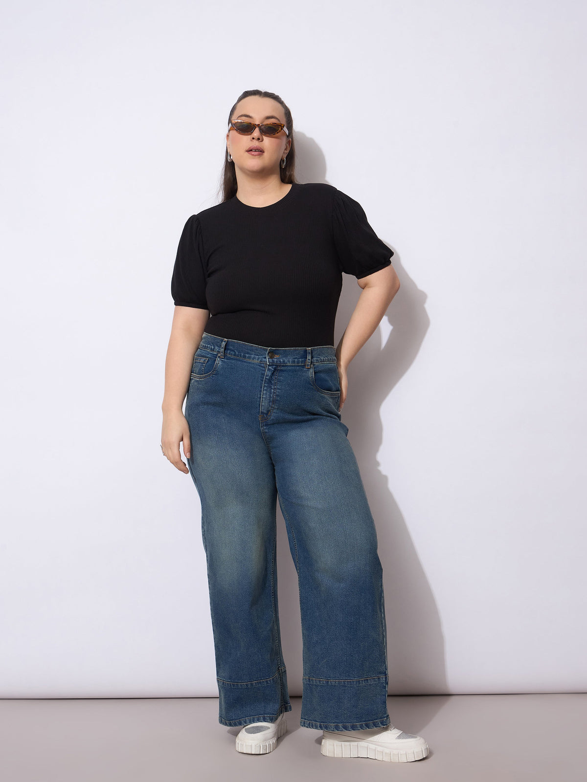 Navy Wash Hem Seam Straight Fit Jeans-SASSAFRAS Curve