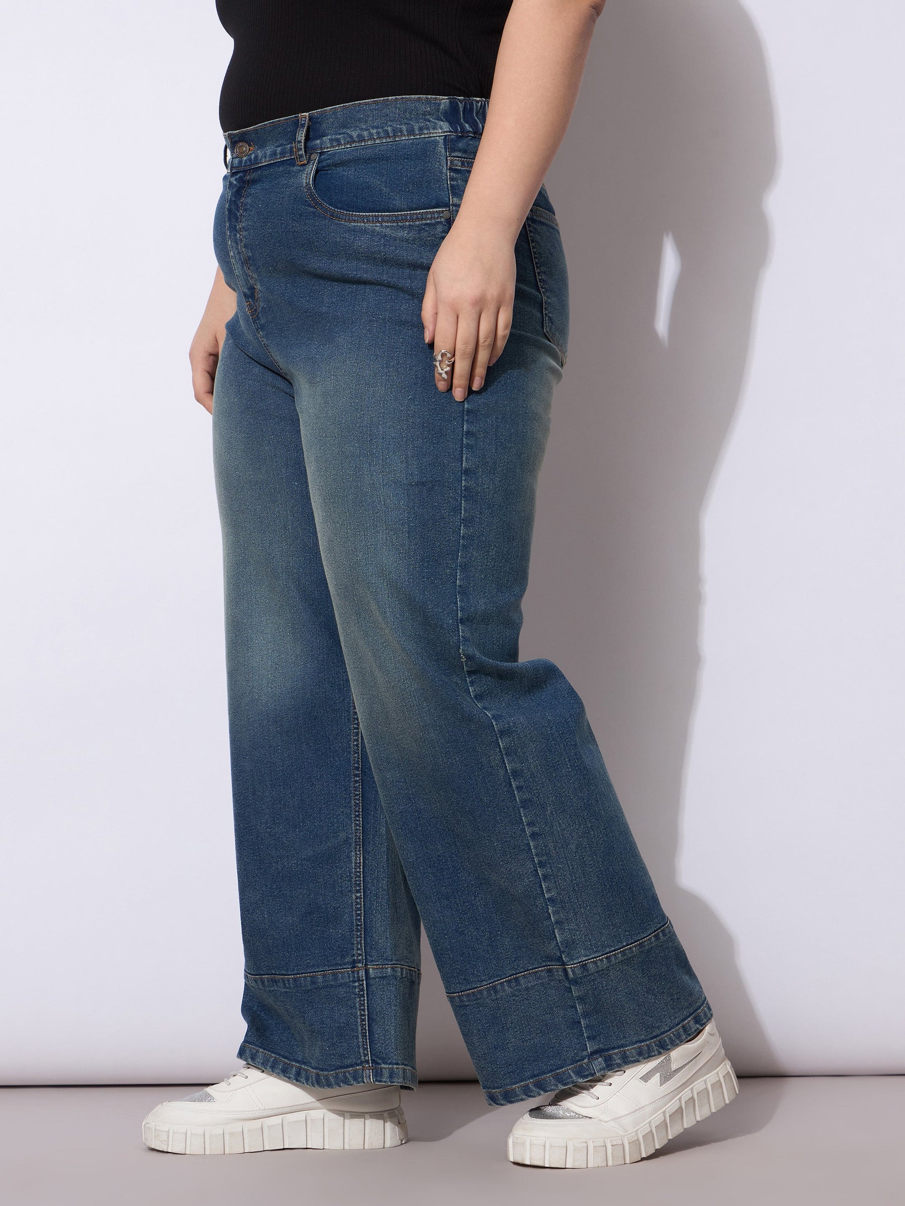 Navy Wash Hem Seam Straight Fit Jeans-SASSAFRAS Curve