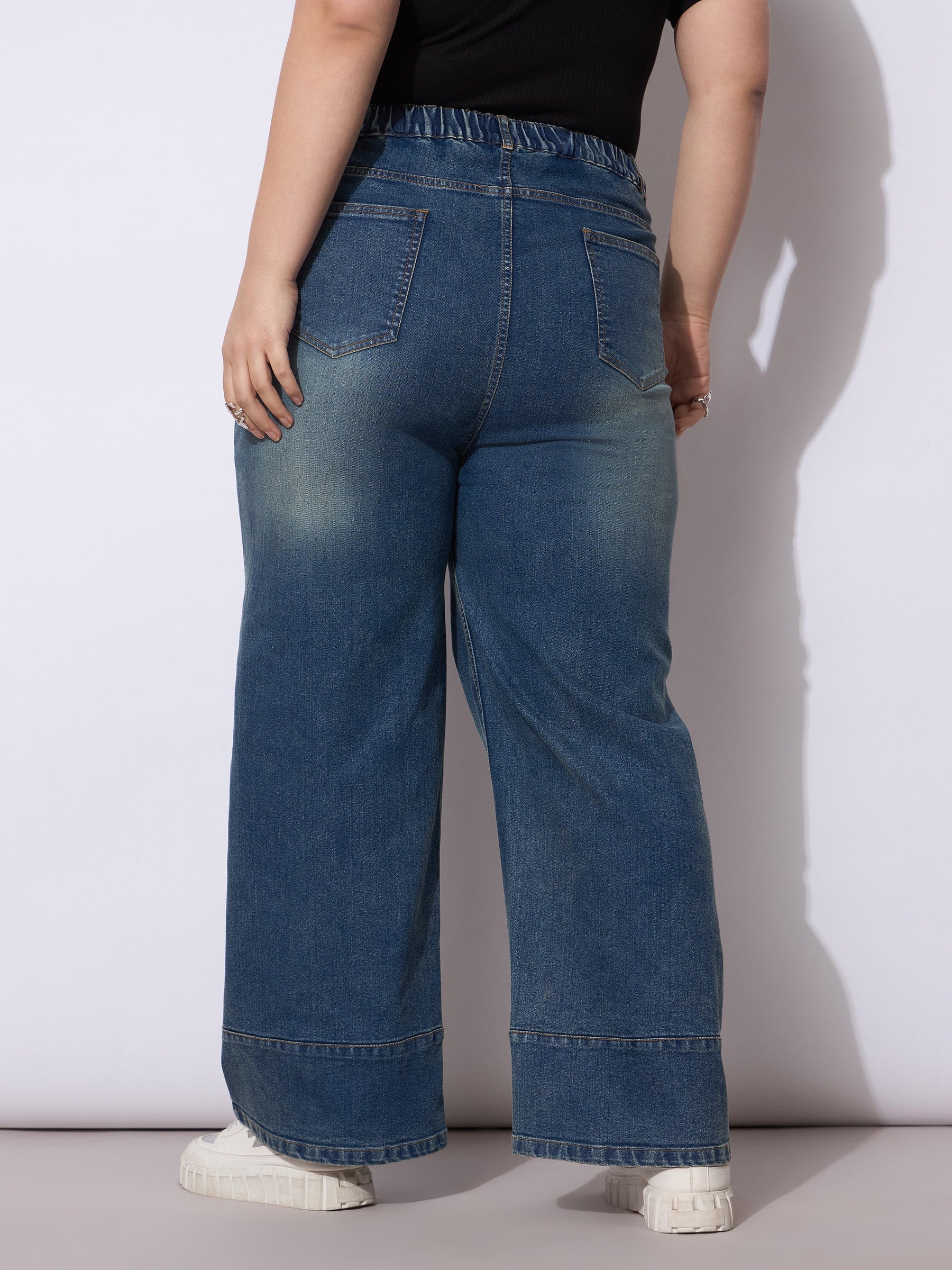 Navy Wash Hem Seam Straight Fit Jeans-SASSAFRAS Curve