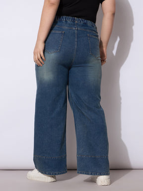 Navy Wash Hem Seam Straight Fit Jeans-SASSAFRAS Curve