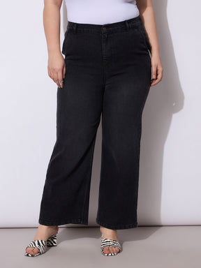Black Acid Wash Straight Fit Jeans-SASSAFRAS Curve