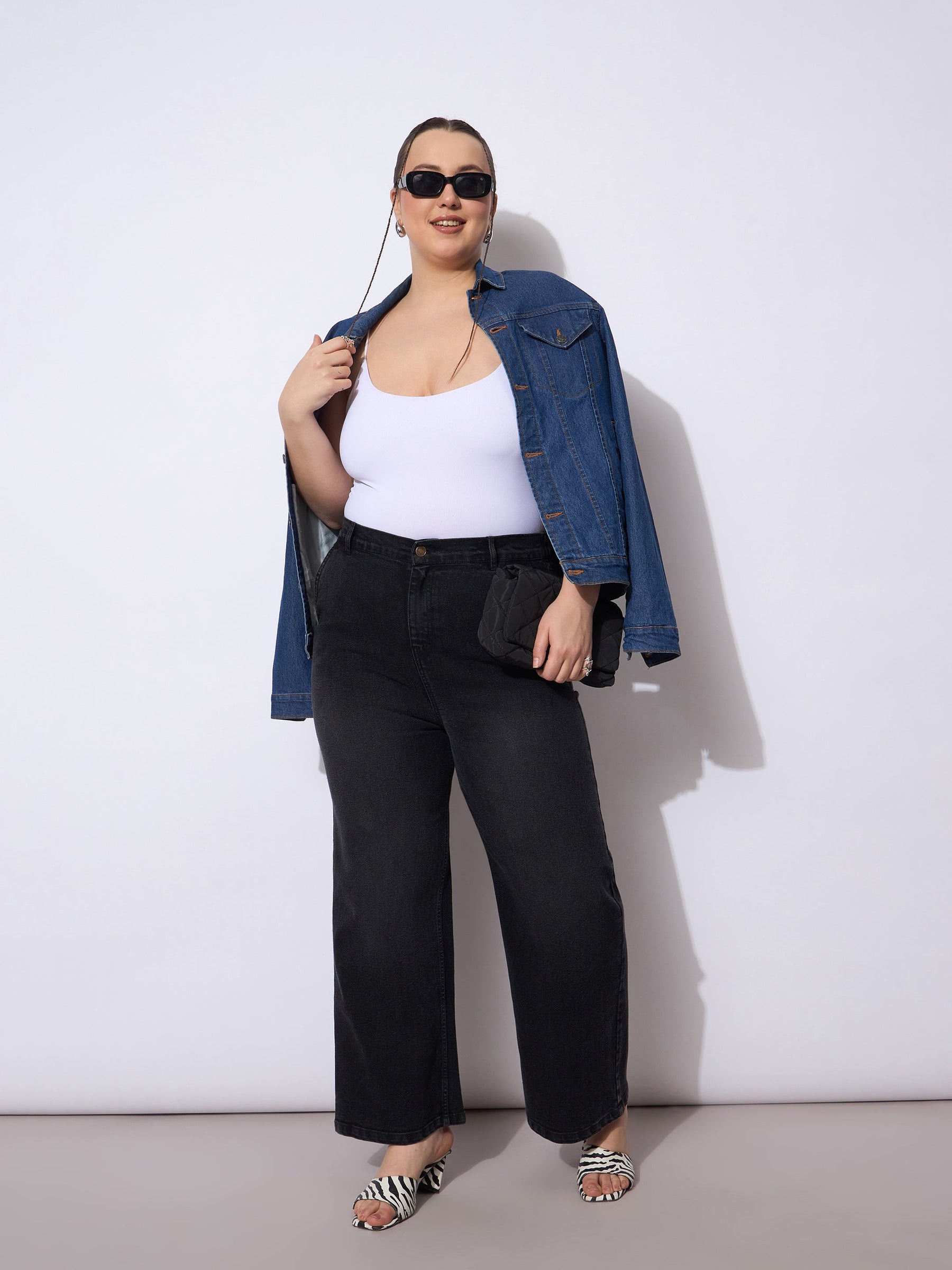 Black Acid Wash Straight Fit Jeans-SASSAFRAS Curve