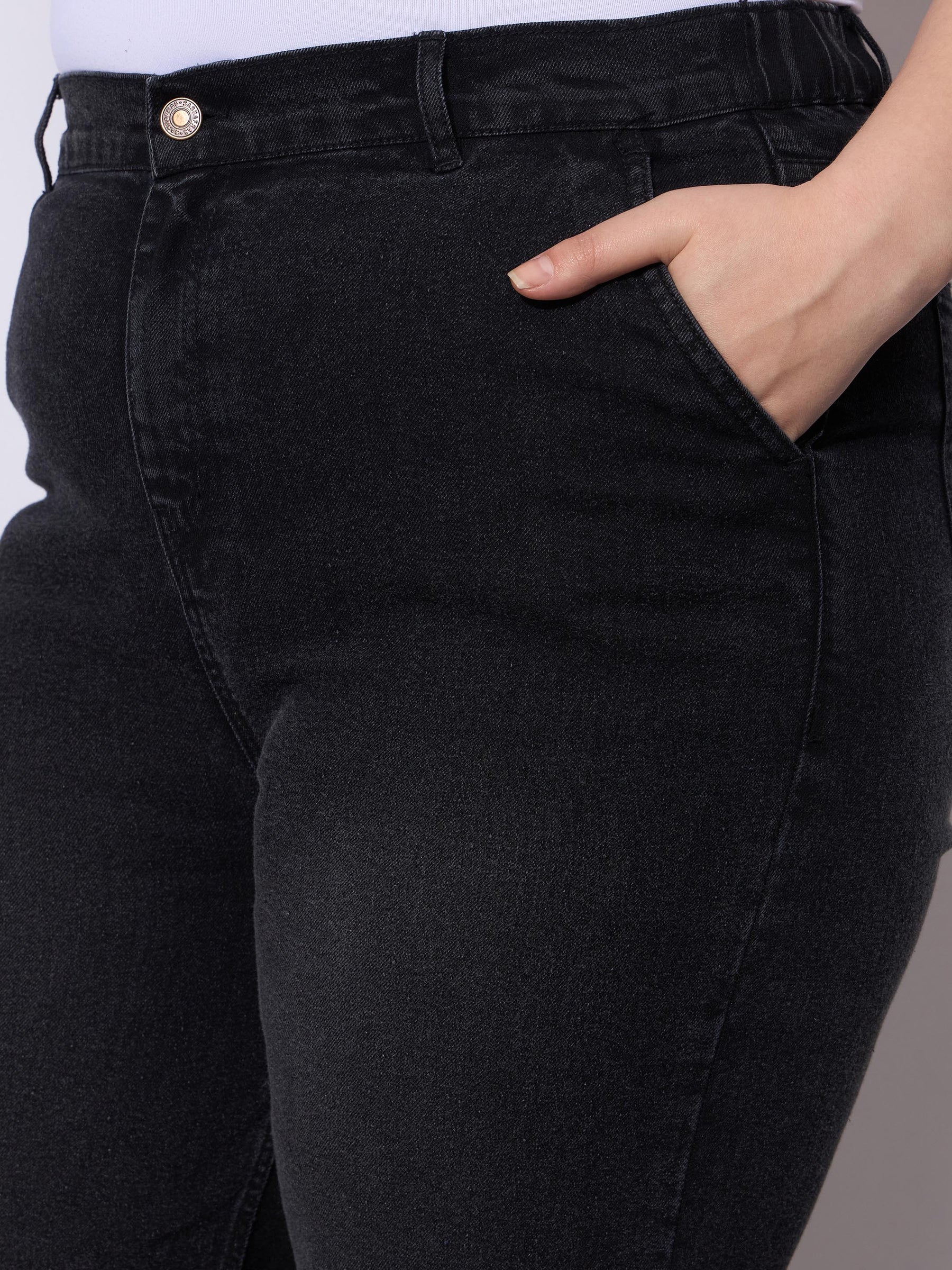 Black Acid Wash Straight Fit Jeans-SASSAFRAS Curve