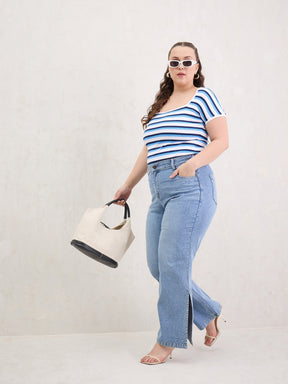 Ice Blue Hem Slit Straight Jeans-SASSAFRAS Curve