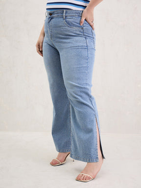 Ice Blue Hem Slit Straight Jeans-SASSAFRAS Curve