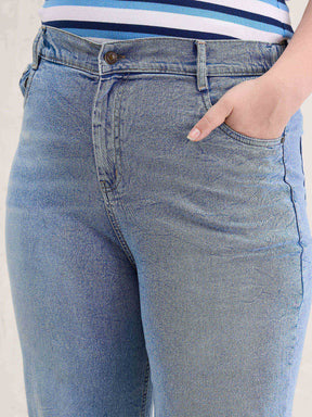 Ice Blue Hem Slit Straight Jeans-SASSAFRAS Curve