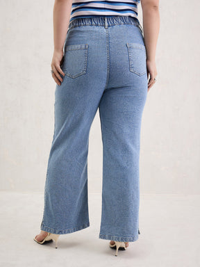 Ice Blue Hem Slit Straight Jeans-SASSAFRAS Curve