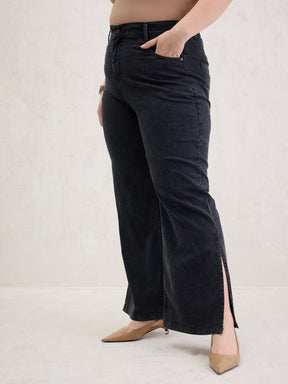 Black Blast Hem Slit Straight Jeans-SASSAFRAS Curve