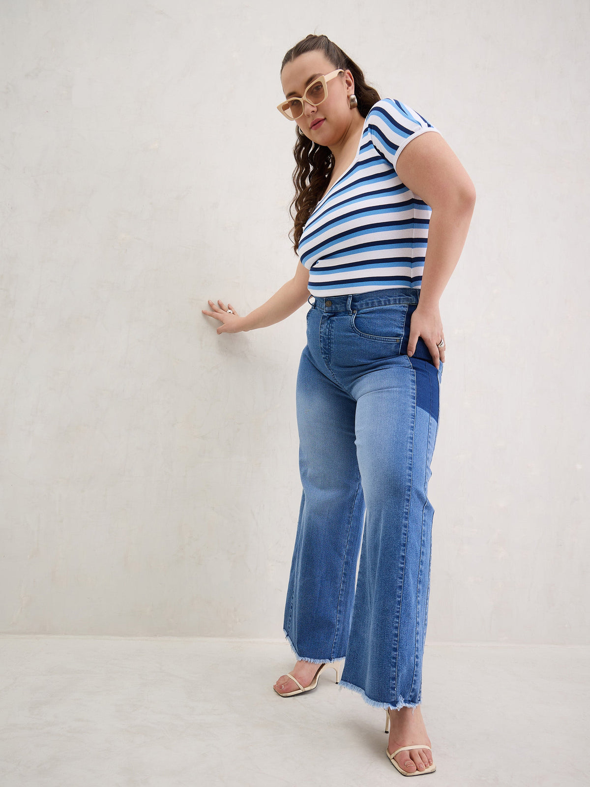 Blue Side Colour Block Straight Jeans-SASSAFRAS Curve
