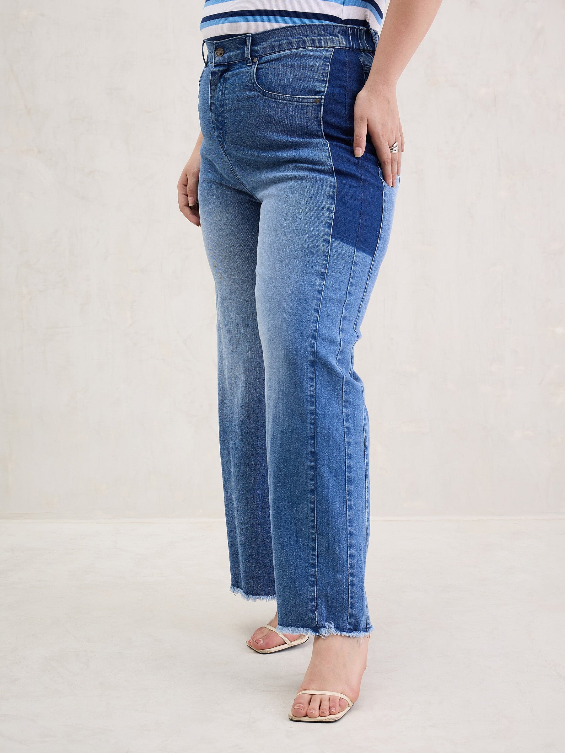 Blue Side Colour Block Straight Jeans-SASSAFRAS Curve