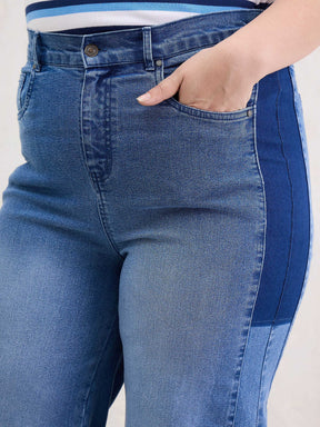 Blue Side Colour Block Straight Jeans-SASSAFRAS Curve