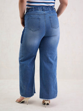 Blue Side Colour Block Straight Jeans-SASSAFRAS Curve