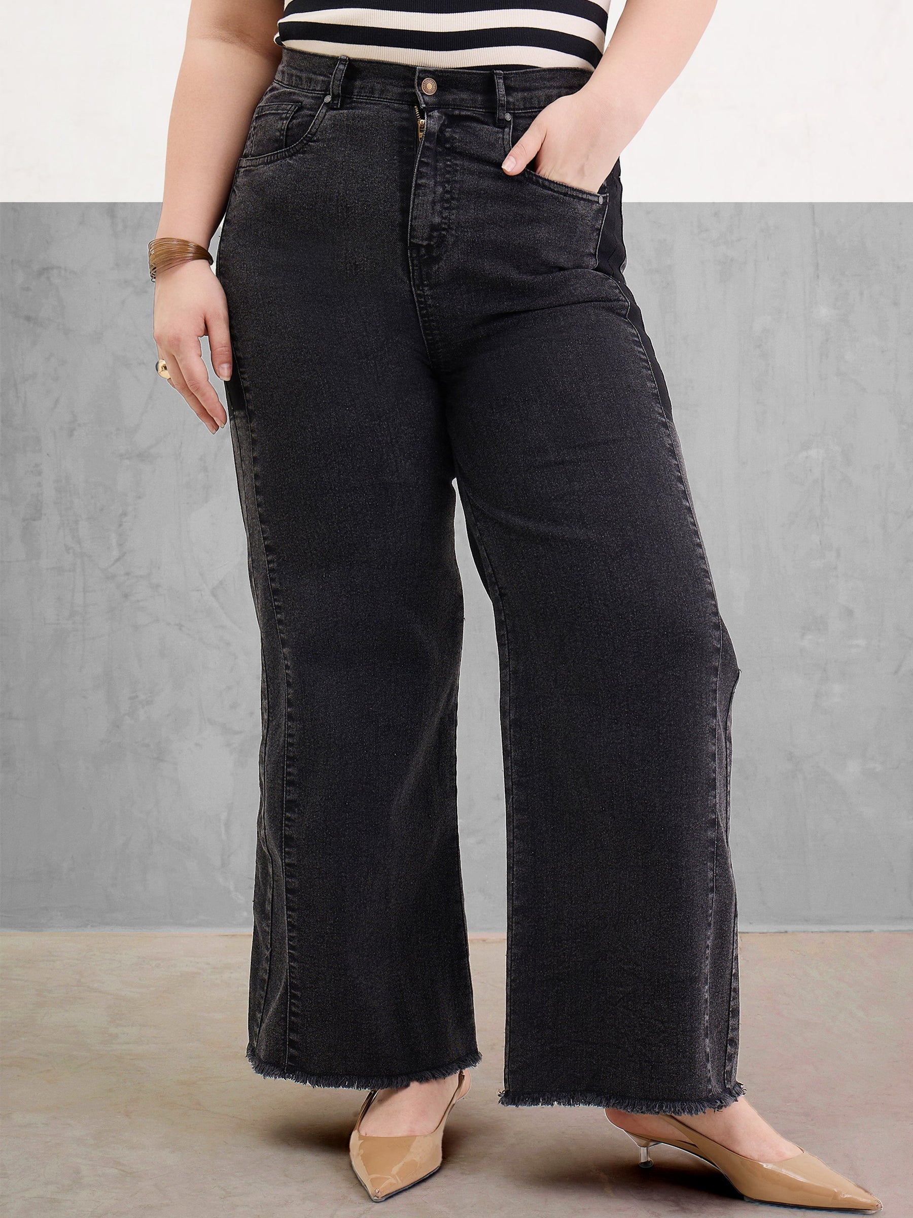 Black Side Colour Block Straight Jeans-SASSAFRAS Curve