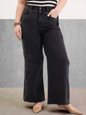 Black Side Colour Block Straight Jeans-SASSAFRAS Curve