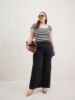 Black Side Colour Block Straight Jeans-SASSAFRAS Curve