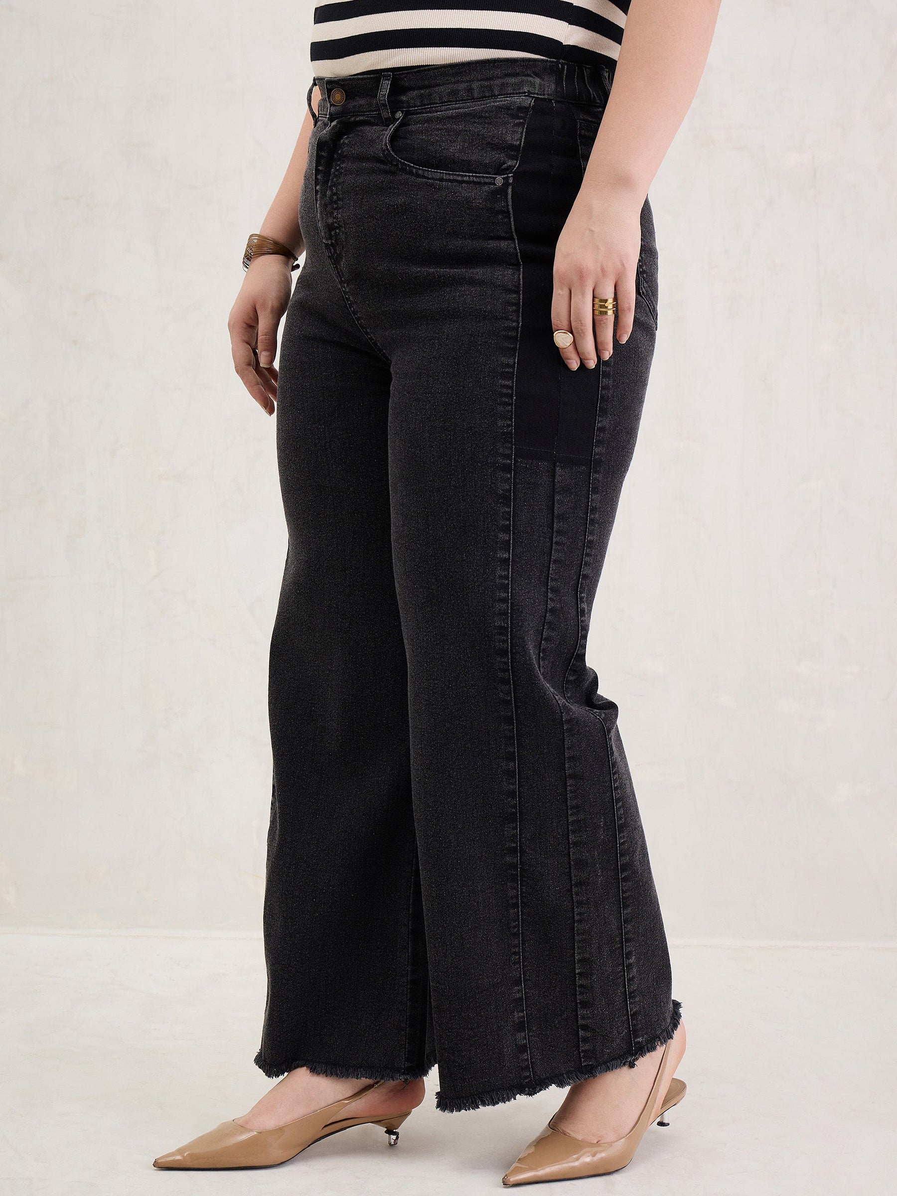 Black Side Colour Block Straight Jeans-SASSAFRAS Curve