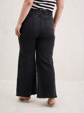 Black Side Colour Block Straight Jeans-SASSAFRAS Curve