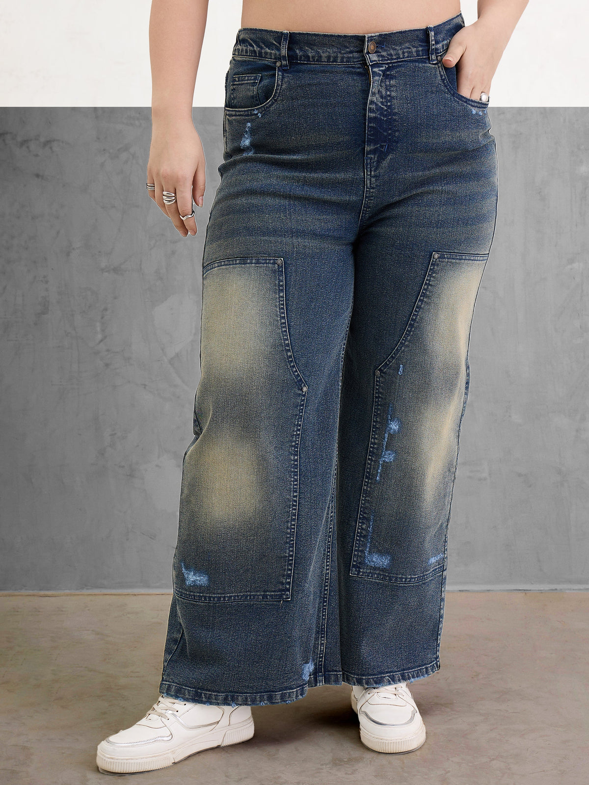 Blue Acid Wash Patched Straight Jeans-SASSAFRAS Curve