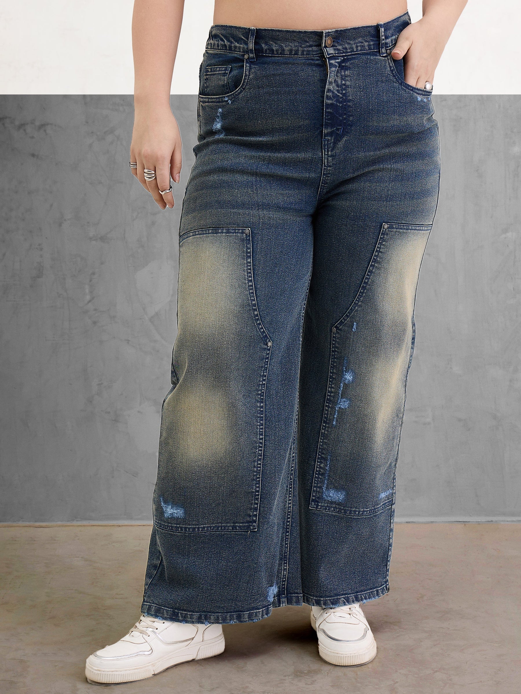 Blue Acid Wash Patched Straight Jeans-SASSAFRAS Curve