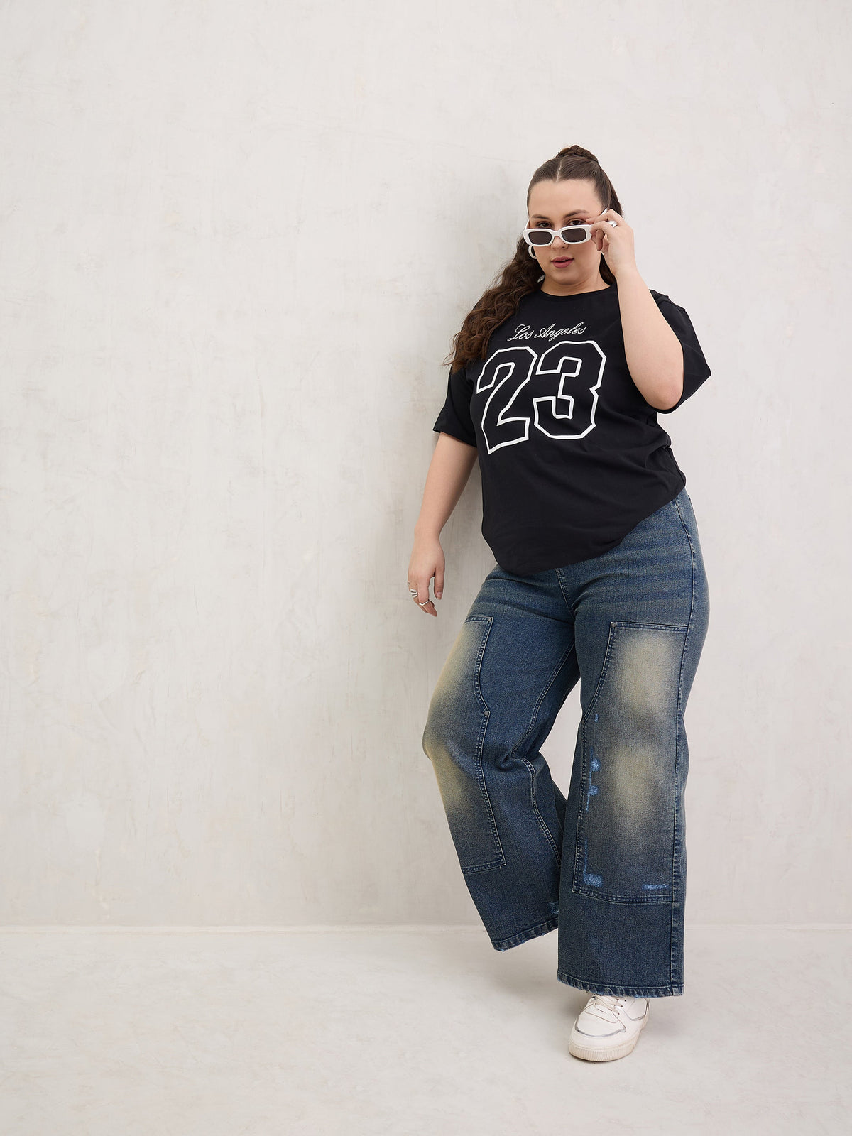 Blue Acid Wash Patched Straight Jeans-SASSAFRAS Curve