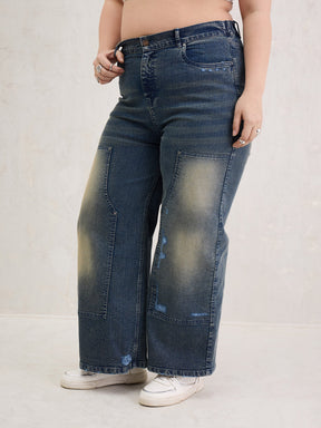 Blue Acid Wash Patched Straight Jeans-SASSAFRAS Curve