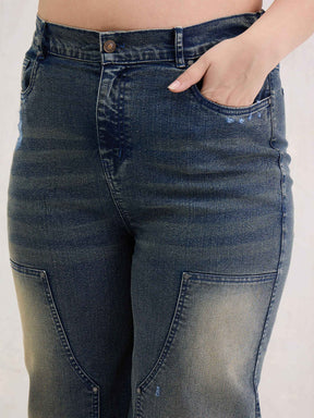 Blue Acid Wash Patched Straight Jeans-SASSAFRAS Curve