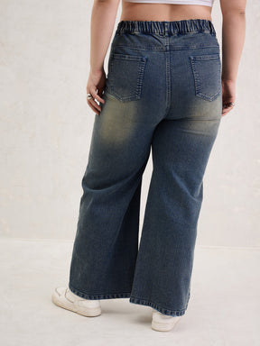 Blue Acid Wash Patched Straight Jeans-SASSAFRAS Curve