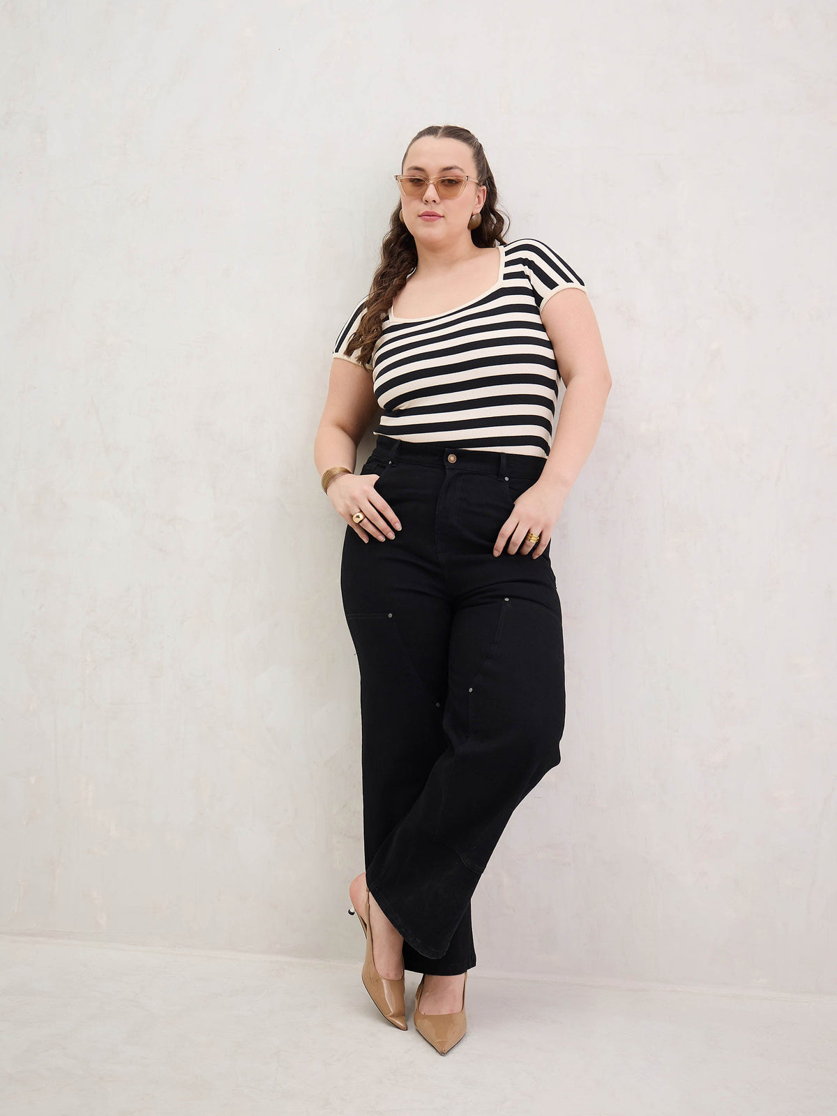 Black Patched Straight Jeans-SASSAFRAS Curve
