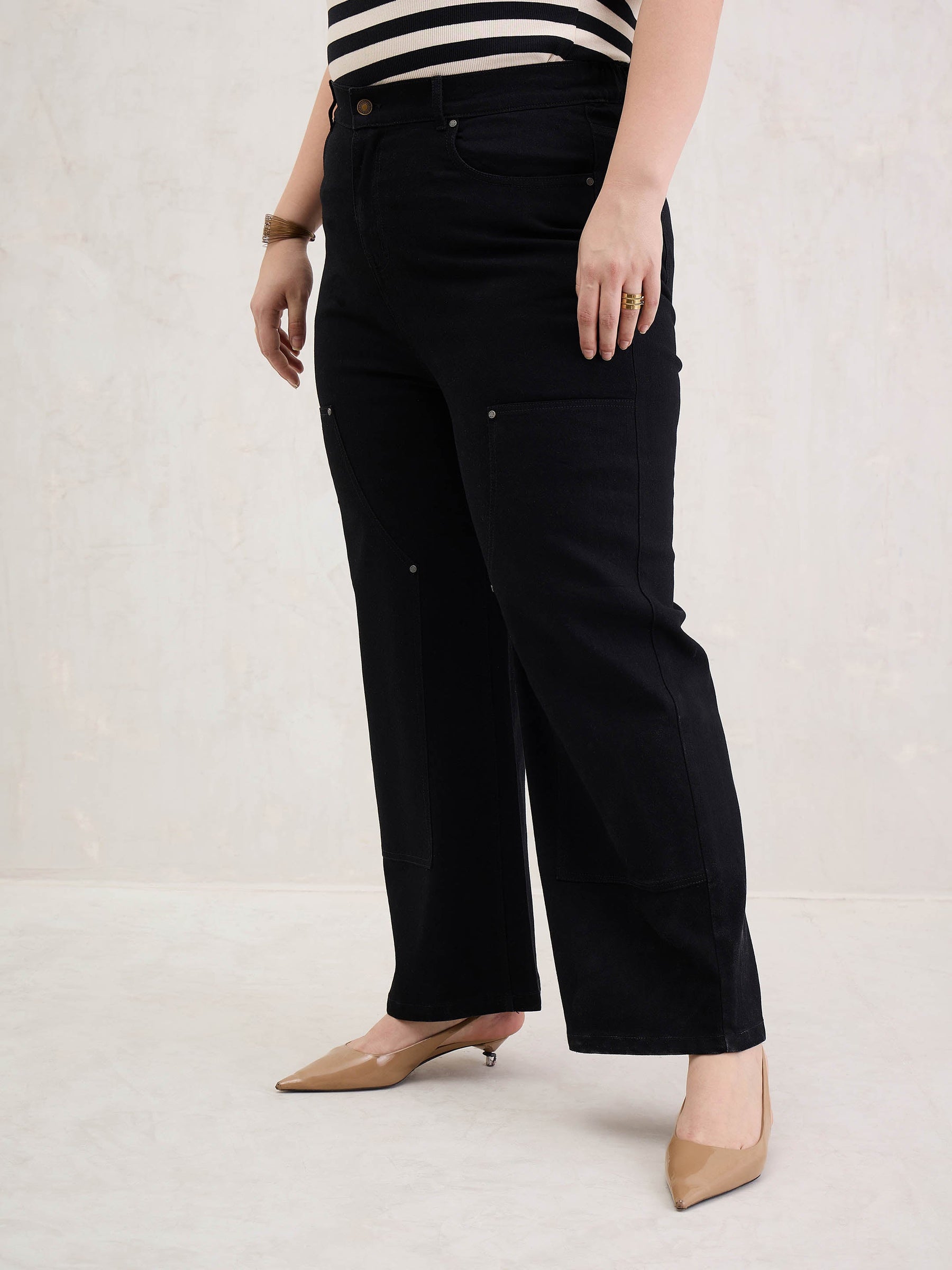 Black Patched Straight Jeans-SASSAFRAS Curve