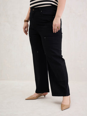 Black Patched Straight Jeans-SASSAFRAS Curve