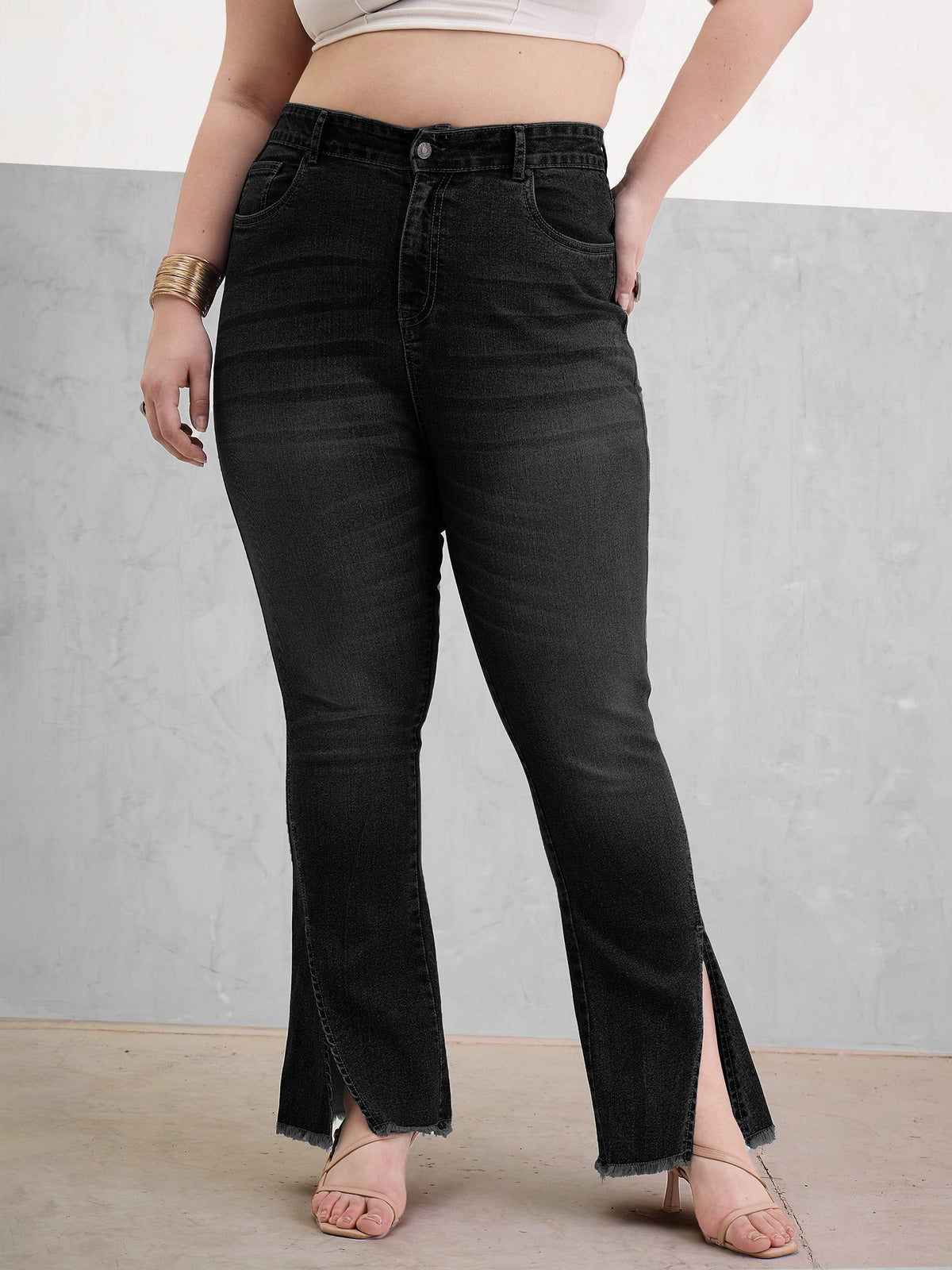 Black Wash Front Slit Fitted Jeans-SASSAFRAS Curve