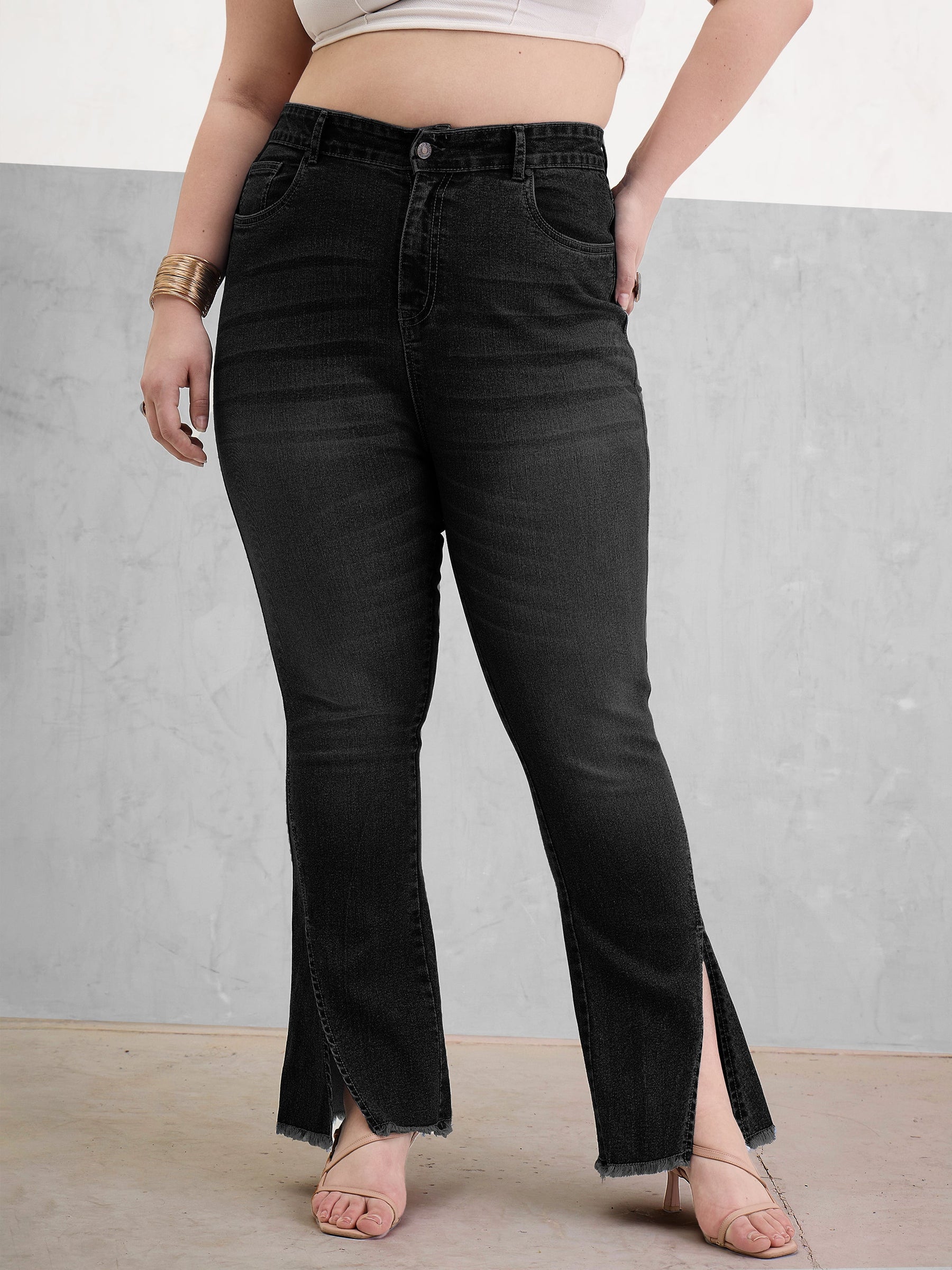 Black Wash Front Slit Fitted Jeans-SASSAFRAS Curve