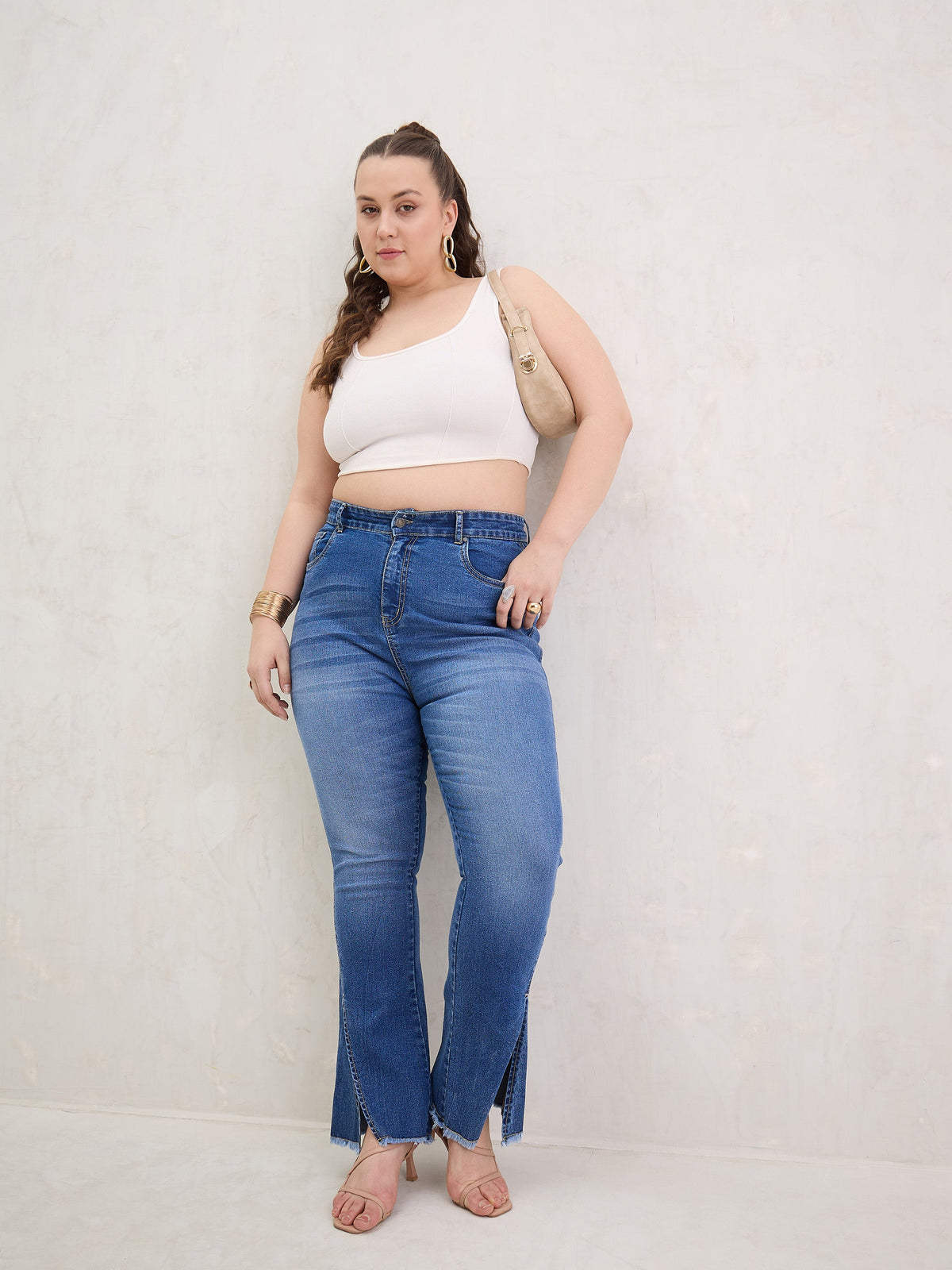 Blue Wash Front Slit Fitted Jeans-SASSAFRAS Curve