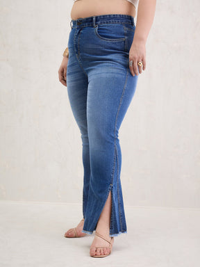 Blue Wash Front Slit Fitted Jeans-SASSAFRAS Curve
