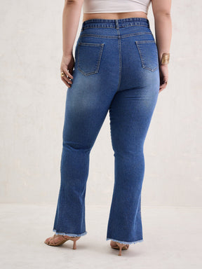 Blue Wash Front Slit Fitted Jeans-SASSAFRAS Curve
