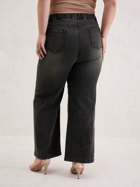Black Acid Wash Front Stitch Straight Jeans-SASSAFRAS Curve