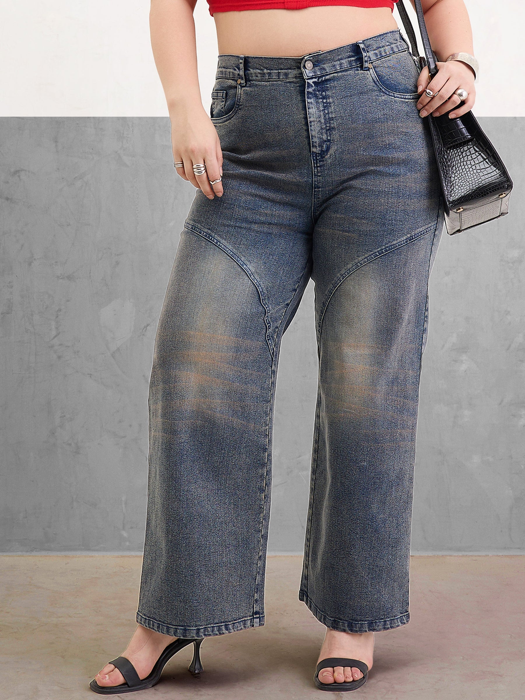 Blue Acid Wash Front Stitch Straight Jeans-SASSAFRAS Curve