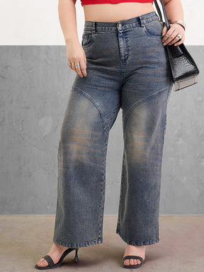 Blue Acid Wash Front Stitch Straight Jeans-SASSAFRAS Curve