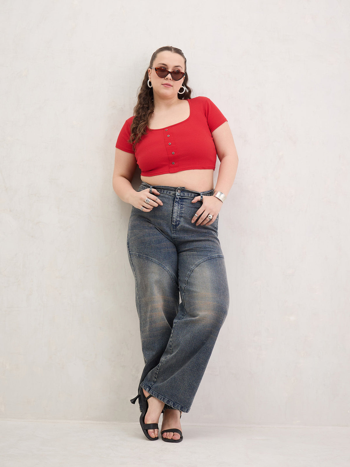 Blue Acid Wash Front Stitch Straight Jeans-SASSAFRAS Curve