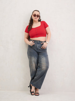 Blue Acid Wash Front Stitch Straight Jeans-SASSAFRAS Curve