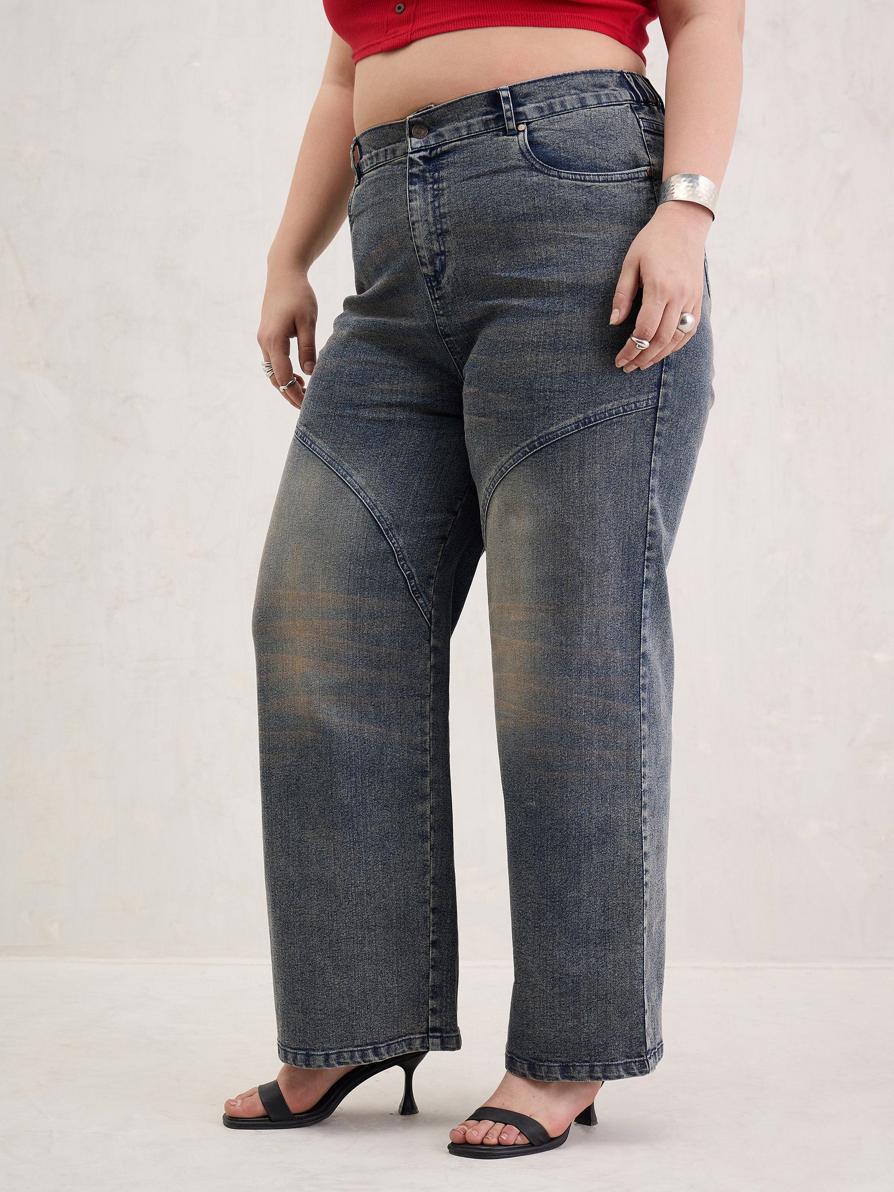Blue Acid Wash Front Stitch Straight Jeans-SASSAFRAS Curve