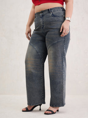 Blue Acid Wash Front Stitch Straight Jeans-SASSAFRAS Curve