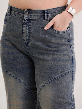 Blue Acid Wash Front Stitch Straight Jeans-SASSAFRAS Curve